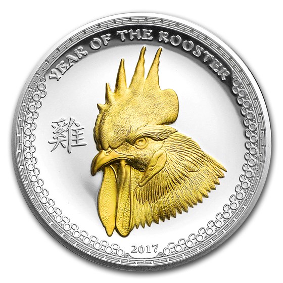 2017 Palau 1 oz Silver $5 Year of the Rooster (Gilded Gold) 2017 Palau 1 oz Silver $5 Year of the Rooster (Gilded Gold)